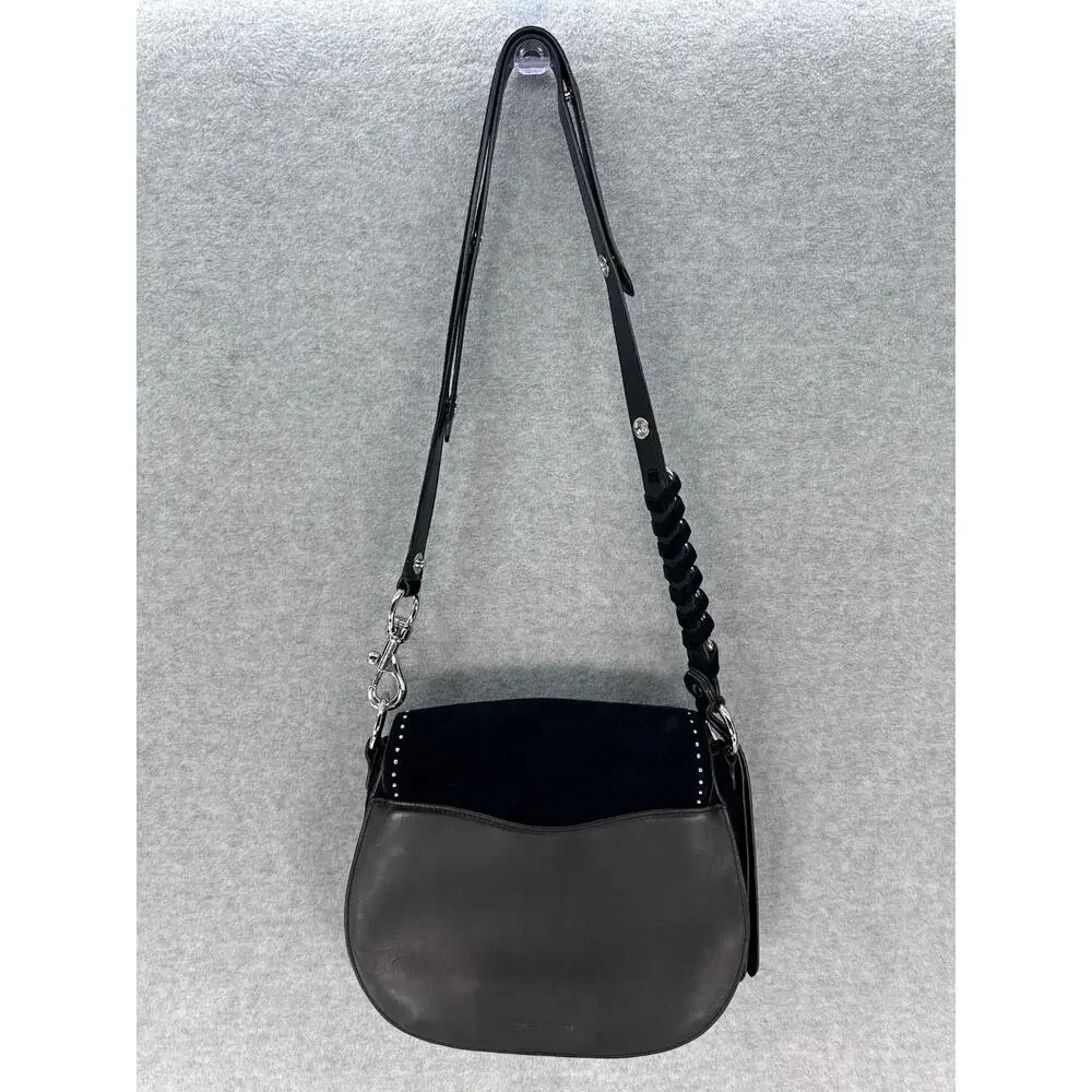 Rebecca Minkoff Large Jean Saddle Bag Black Suede BOHO Western Silver Accents